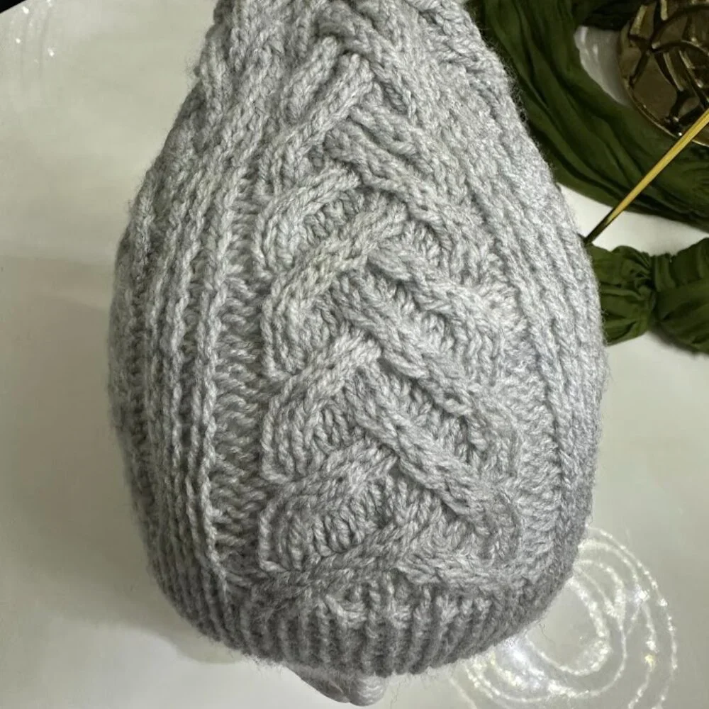 Handmade Gray Chunky Knit Hat with Braided Cable Pattern